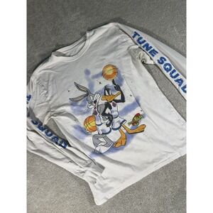 Space Jam Men's White 100%‎ Cotton Round Neck Long Sleeve Graphic T-Shirt Size L